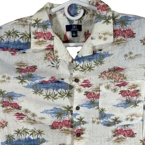George Mens Cream Beach Scenic Camp Shirt L Cotton Linen Blend Tropical New
